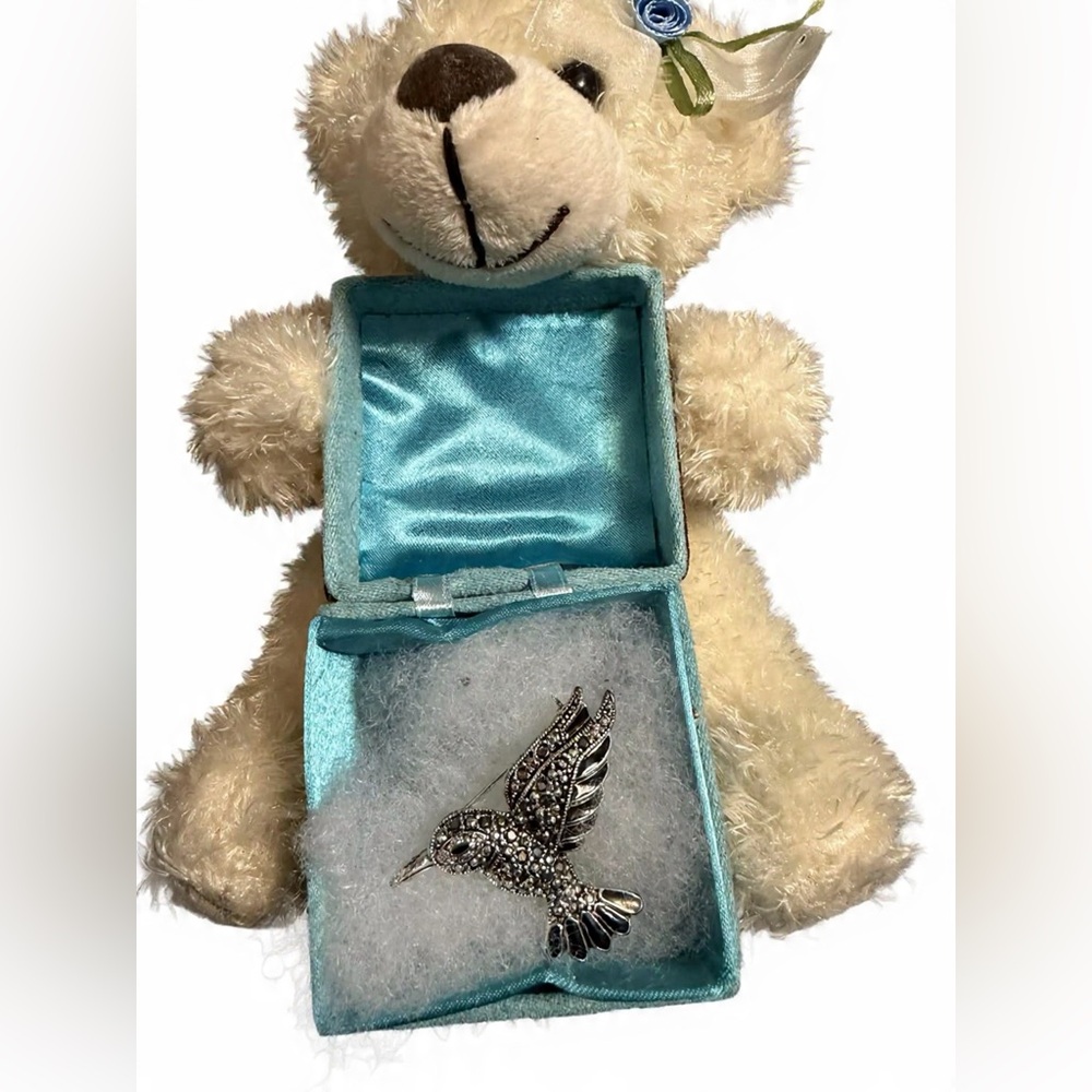 Plush Bear Gift Box with Hummingbird Jewelry Brooch